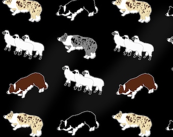 Border Collie sheep fabric, dog fabric, 100% cotton, dogs, washable, black, herding dog, 100cm wide