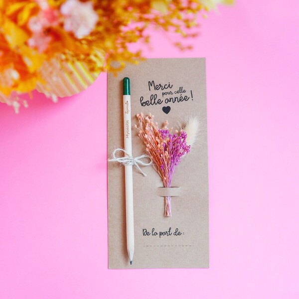 Carte avec crayon à planter et fleurs séchées pour cadeau nounou, Maîtresse, ATSEM