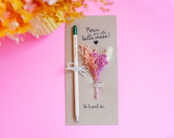 Carte avec crayon à planter et fleurs séchées pour cadeau nounou, Maîtresse, ATSEM