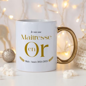 Taza personalizada “Golden Mistress/master/ATSEM/nanny” – Regalo de Navidad para profesores