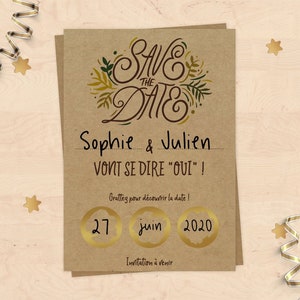 Lot de 10 Save the date à gratter, faire-part de mariage à personnaliser - Kraft et végétal pour mariage champêtre, rustique