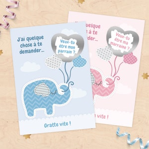 Carte à gratter demande de parrain/marraine, cadeaux parrain et marraine pour baptême - Collection doudou éléphant