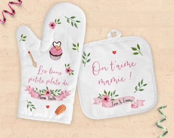 Duo de gant et manique de cuisine personnalisée, cadeau pour mamie, Fête des grands-mères