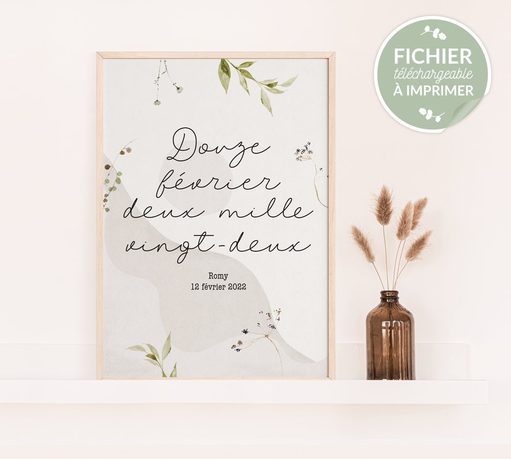 Affiche de Naissance/Mariage Personnalisée - Affiche Date Calligraphiée Boho