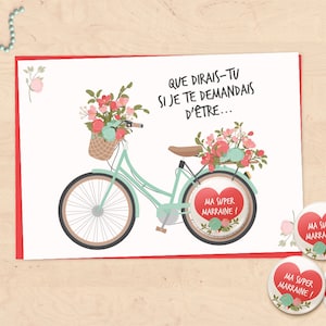 Carte badge cadeaux demande de parrain/marraine pour baptême - Collection vélo fleuri