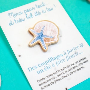 Carte à planter + pin’s bois "coquillage & étoile de mer" - Merci et bonnes vacances