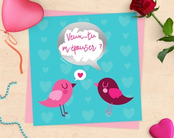 Carte à gratter annonce mariage - Veux-tu m'épouser ? - oiseaux amoureux saint valentin