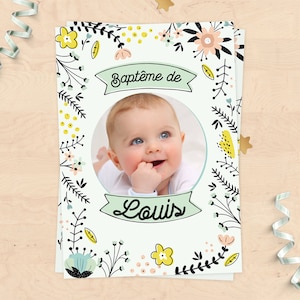 Faire-part de baptême personnalisable (fille ou garçon) - Collection fleurs pastels scandinaves