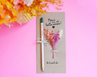 Card with plantable pencil and dried flowers for a gift for a nanny, teacher, or ATSEM