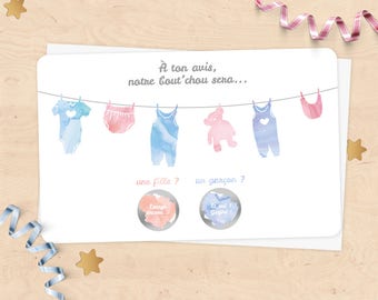 Mini carte à gratter annonce grossesse, sexe du bébé, fille ou garçon - collection fil à linge aquarelle