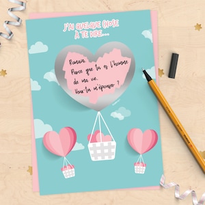 Scratch card to personalize for marriage proposal, civil partnership, declaration of love, engagement Hot air balloon in heart for Valentine's Day image 1