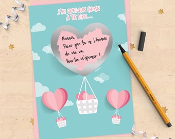 Kraskaart om te personaliseren voor huwelijksaanzoek, geregistreerd partnerschap, liefdesverklaring, verloving - Luchtballon in hart voor Valentijnsdag