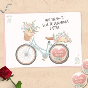 Carte-badge cadeaux demande témoin de mariage, super témoin, demoiselle d'honneur - Collection vélo fleuri