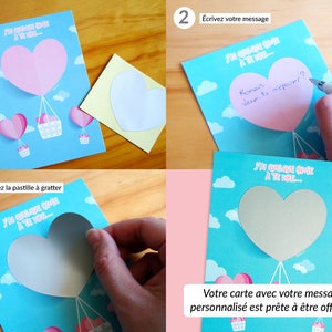 Carte à gratter à personnaliser pour demande en mariage, pacs, déclaration d'amour, fiançailles Montgolfière en cœur pour Saint Valentin image 2