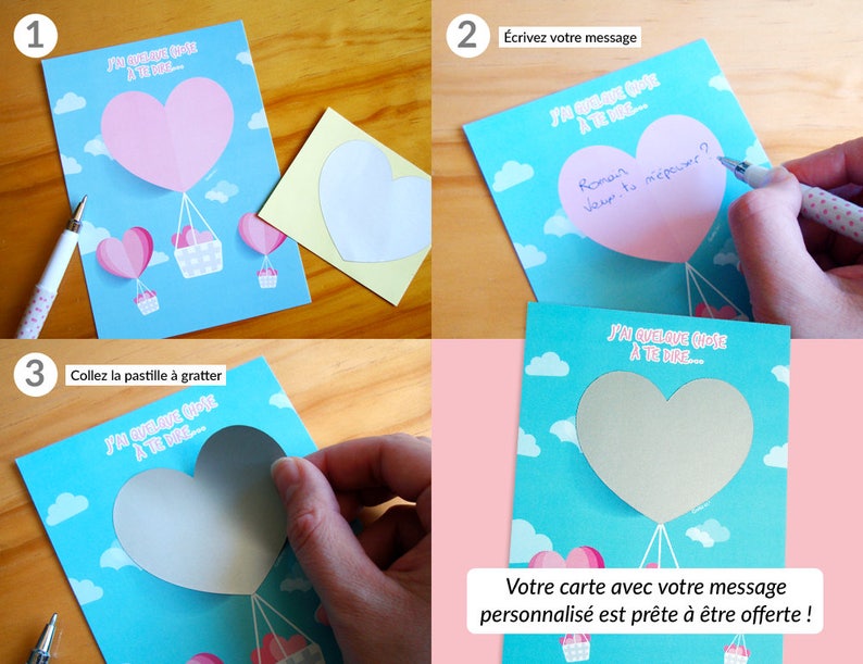 Carte à gratter à personnaliser pour demande en mariage, pacs, déclaration d'amour, fiançailles Montgolfière en cœur pour Saint Valentin image 2