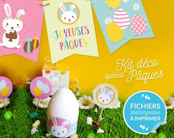 Printable Easter decoration kit (egg hunting panels, garland, cake toppers, labels, box, candy bags)
