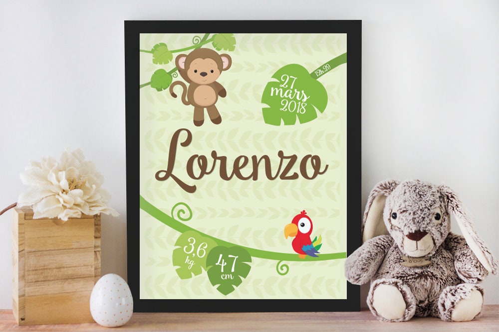 Affiche de Naissance Personnalisée Pour Chambre Bébé ou Enfant - Cadeau Naissance, Affiche Jungle