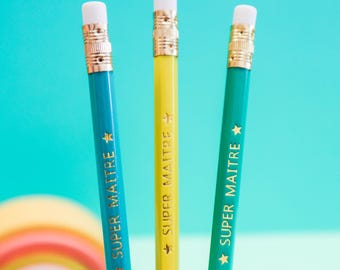 Set of 3 personalized pencils - Happy Holidays, Super Teacher, Super Mistress or personalized text - End of school year gift