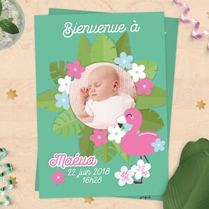 Faire-part de naissance personnalisé (fille ou garçon) - Collection tropicale et flamant rose