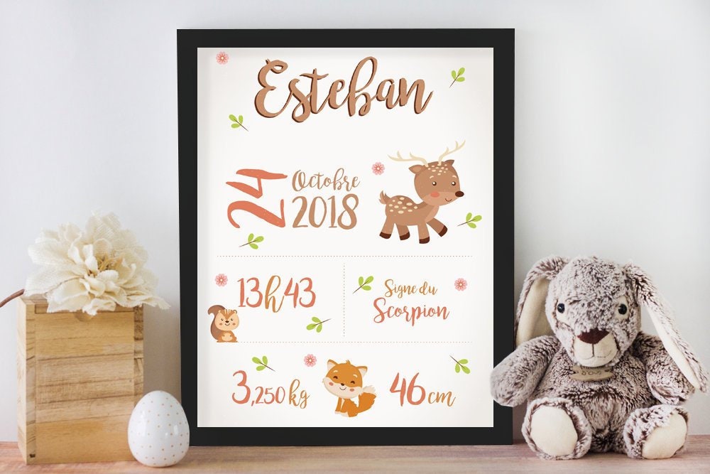 Affiche de Naissance Personnalisée Pour Chambre Bébé ou Enfant - Cadeau Naissance, Affiche Animaux d