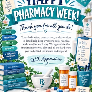 May include: A Happy Pharmacy Week poster featuring a teal banner, a stack of books labeled with healthcare themes, a mortar and pestle with an Rx symbol, a stethoscope, pill bottles, and a clipboard with a checklist, surrounded by white flowers.