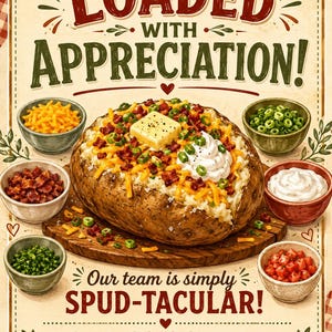 May include: A poster featuring a large baked potato topped with butter, bacon, cheese, and sour cream, surrounded by six small bowls of toppings. The text reads: LOADED WITH APPRECIATION! Our team is simply SPUD-TACULAR! Enjoy a Loaded Baked Potato Bar.
