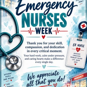 May include: A poster for Emergency Nurses Week featuring a teal stethoscope shaped like a heart, an ER nurse ID badge, and an ambulance. The text reads: Emergency Nurses Week, Thank you for your skill, compassion, and dedication in every critical moment.