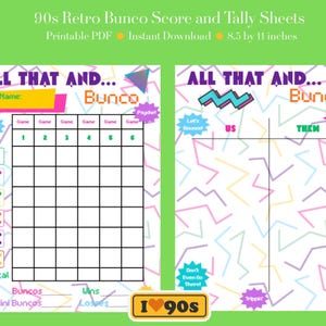 Puede incluir: Una hoja de puntuación y recuento de Bunco retro de los años 90 imprimible con un diseño geométrico colorido. La hoja incluye espacios para nombres, puntuaciones de juego, victorias y derrotas. Las dimensiones son 21,6 x 27,9 cm.