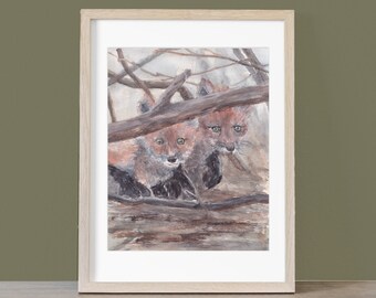 Original Watercolor Painting:  Enchanting Playful Fox Kits in the Woods, 8" x 10" Size