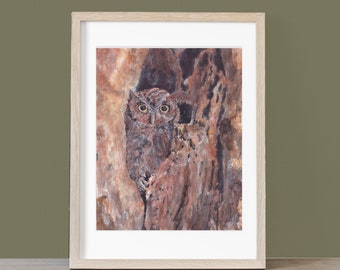 Original Hand-painted Watercolor: Eastern Screech Owl Nest Watch, 8" x 10" Size