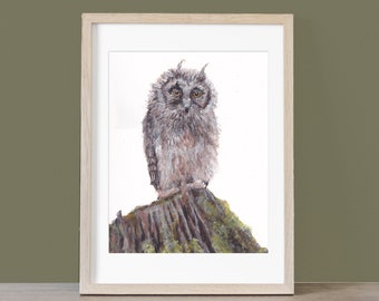 Original Watercolor Painting:  Baby Owl Explorations Beyond the Nest