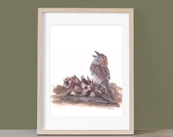 Original Painting:  Bachman’s Sparrow Singing on a Pinecone, Nature Inspired Watercolor Wall Art