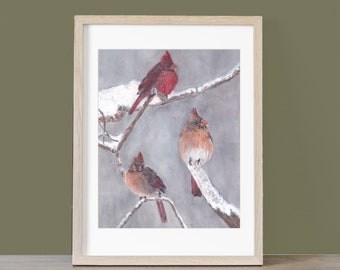 Original Watercolor Painting:  Winter Cardinals