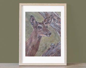 Original Watercolor Painting:  Enchanting Deer Portrait, Nature-inspired Painting - 8"x10"