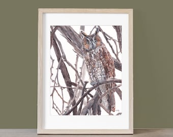 Original Watercolor Painting:  Long Eared Owl Hunting
