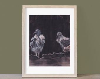 Barn Raised features two Fledgling Black Vultures in the Barn Original Watercolor Painting by artist Joy Neasley