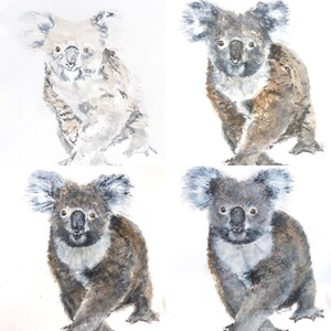 May include: Watercolor paintings of koalas in various shades of gray, brown, and white. Each koala is depicted in a different pose, with a focus on their fluffy ears and expressive faces. The artwork has a soft, artistic style.