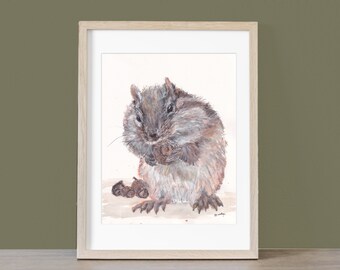 Original Watercolor Painting:  Juniper The Whimsical Wooddland Chipmunk Stuffing Acorns, 8" x 10" Size