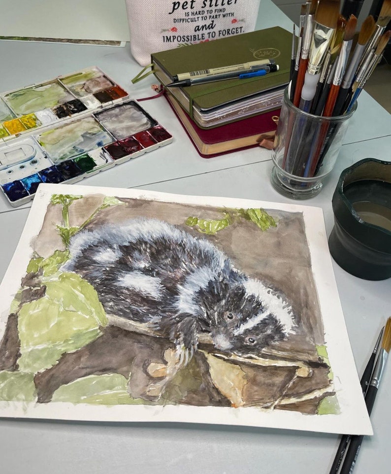 Original Watercolor Painting: Moonbeam The Whimsical Woodland Skunk , 10 x 8 Size image 4