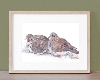 Original Watercolor Painting:  Serene Mourning Doves in the Snow