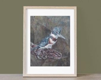 Original Watercolor Painting:  Belted Kingfisher Bird Hunting In The Woods, 8" x 10" Size