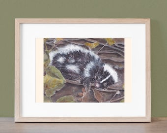 Original Watercolor Painting:  Moonbeam The Whimsical Woodland Skunk , 10" x 8" Size