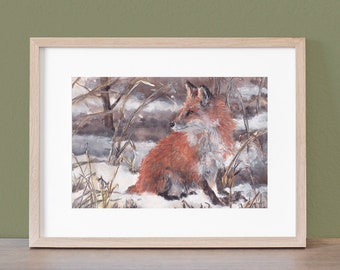 Woodland Winter Fox:   Giclee Print of Hand-Painted Watercolor Artwork, Available in 3 Sizes