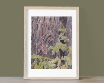 Original Watercolor Painting:  Juniper The Woodland Chipmunk in Camouflage, 8" x 10" Size