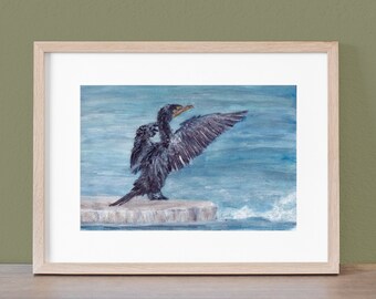 Double-Crested Cormorant Water Bird Original Watercolor Painting, Bird Lover Gift, Birder Gift, Nature Wall Art Decor, Bird Art