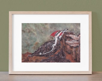 Original Painting:  Watercolor Woodpecker in Woodland Setting with Mushrooms Fungi Forest
