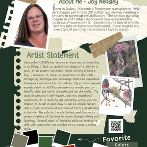 May include: A watercolor painting of a bluebird perched on a branch with red berries. The artist's name, Joy Neasley, is at the top of the image. The text "About Me - Joy Neasley" and "Artist Statement" are also included. The artist's website, www.joyneasley.com, is at the bottom of the image.
