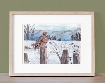 Original Watercolor Painting:  Ember the Owl in the Winter Snow, 10" x 8" Size