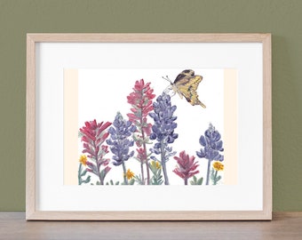 Original Painting:  Bluebonnets, Paintbrush, Wildflowers, Giant Swallowtail Butterfly, 10x8 inches