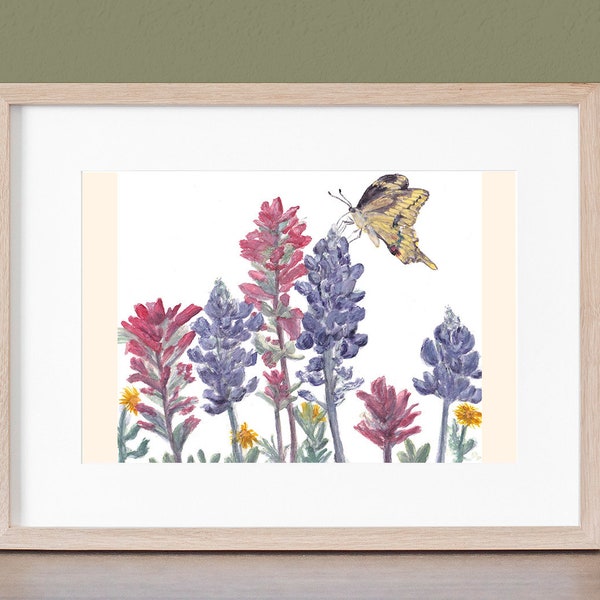 Original Painting:  Bluebonnets, Paintbrush, Wildflowers, Giant Swallowtail Butterfly, 10x8 inches
